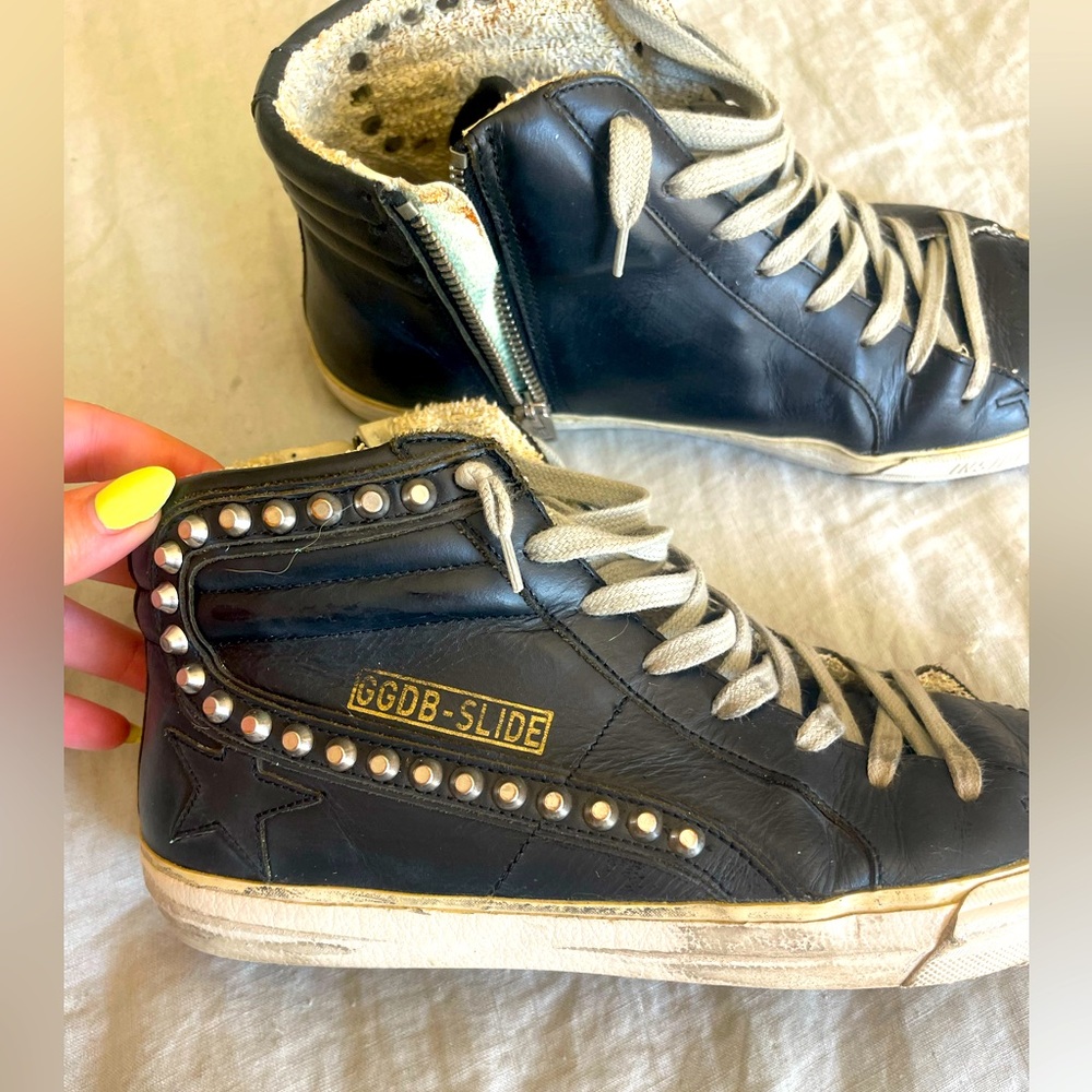 Golden Goose black leather studded slide high top